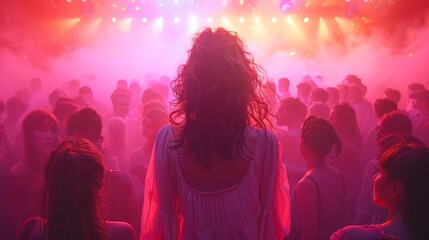 Wall Mural - Crowd of people dancing in a vibrant club with colorful lights and fog during a lively nighttime event