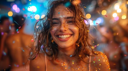 Wall Mural - Joyful celebration at a vibrant street party with a smiling woman surrounded by colorful confetti and festive lights