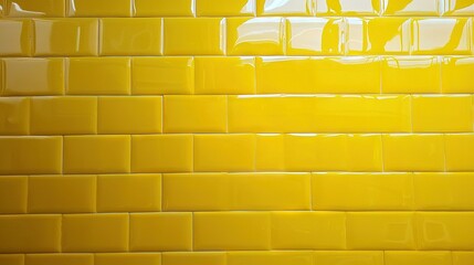 Wall Mural -   A yellow tiled wall in a public restroom with a clock