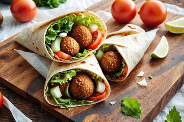 Wall Mural - fresh falafel wraps with vegetables on wooden board
