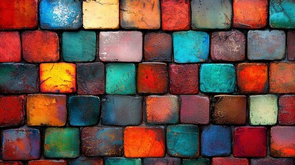 Poster -   A close-up of diverse brick wall with multicolored blocks of varying shapes and sizes