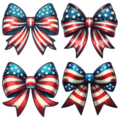 Patriotic American flag bows in vector style, red white and blue, ideal for Independence Day decor.  Set of isolated American bows with United States flag colors. 
