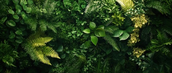 Wall Mural - Lush Green Foliage Wall with Varied Leaf Shapes