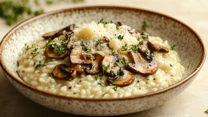 Wall Mural - Plate of creamy mushroom risotto with grated parmesan and herbs.