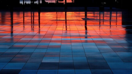  A tiled floor reflects sunlight in water while a clock tower stands tall in the background