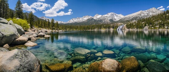 Wall Mural - Tranquil Mountain Lake with Clear Water and Waterfall