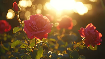 A beautiful rose blooms in golden sunlight. This image is perfect for projects about nature,