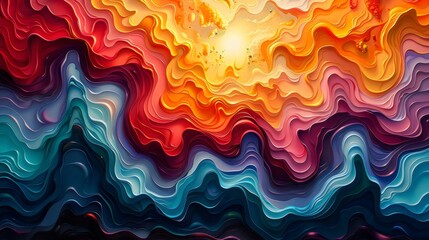 Wall Mural - A colorful painting of a wave with a sun in the middle