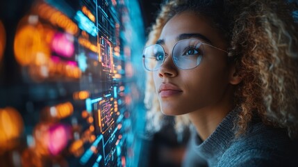 data analyst: futuristic vision: a young woman with curly hair and stylish glasses gazes intently at