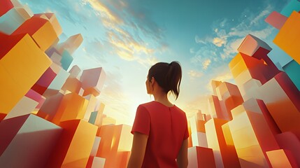 Wall Mural - A person gazes at a vibrant, colorful cityscape at sunset, evoking a sense of wonder.