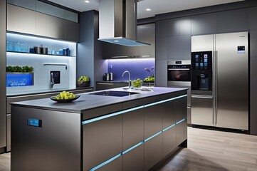 modern high-tech kitchen with stainless steel appliances
