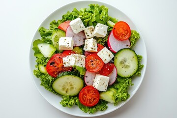 Fresh salad with feta cheese. Perfect for illustrating healthy eating, food blogs, and recipe websites.