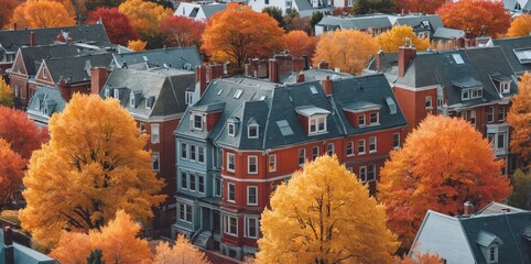 Poster - aerial view of autumn neighborhood with colorful trees
