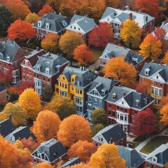 Poster - aerial view of autumn neighborhood with colorful trees
