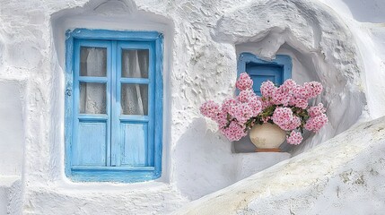   A white building with blue windows, blue shutters, and a potted plant adorned with pink flowers in front of it