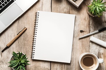 A workspace scene featuring a blank notebook, coffee, plants, and office supplies on a wooden table.