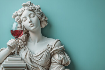 Arrogant portrait of a sculpture of a woman with red wine glass in hand on pastel blue background with copy space 