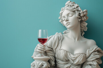 Wall Mural - Arrogant portrait of a sculpture of a woman with red wine glass in hand on pastel blue background with copy space 