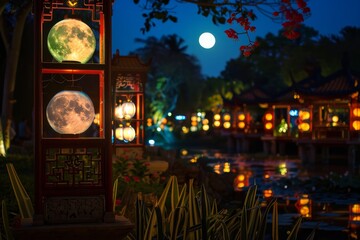 Poster - A serene landscape of the full moon shining brightly over a decorative lantern display