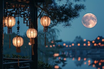 Poster - A serene landscape of the full moon shining brightly over a decorative lantern display