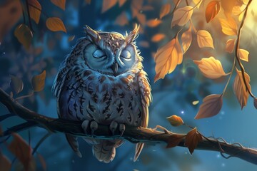 A sleepy owl perched on a branch