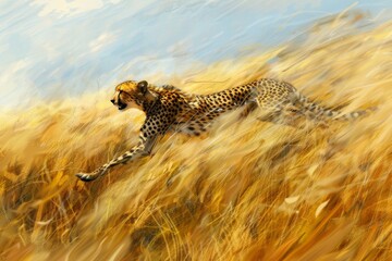 A stealthy cheetah streaks across the African plains, its sleek form a blur of motion against the golden grass