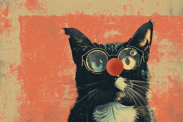 Naklejka na meble A whimsical illustration of a cat with a clown nose and glasses