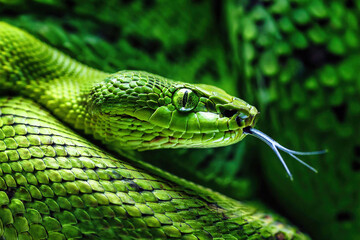 Green viper snake closeup face.