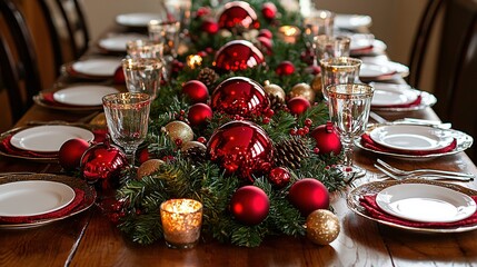 Wall Mural -  Red and gold ornaments adorn a Christmas-set dining room table, with pine cones placed on top