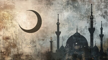 Celebration of the holy month with a mosque silhouette and crescent moon set against an abstract grey background