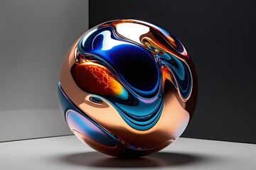 vibrant three dimensional metallic sphere with glossy design and kaleidoscope of colors on dark back