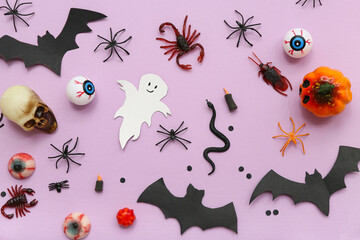 Poster - Composition with different decorations for Halloween on lilac background