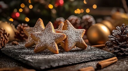 Canvas Print -   Three star-shaped cookies sit atop a black napkin beside a pinecone and Christmas tree with glowing lights in the background