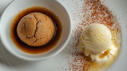 Canvas Print -  A bowl of ice cream with a scoop beside it on a white plate, sprinkled with brown