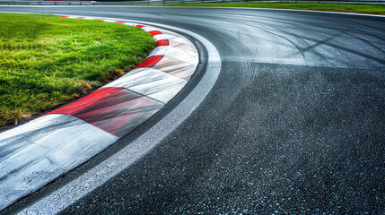 Sharply turning asphalt road, marked by crisp white lines.