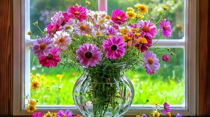 Wall Mural -   A vase filled with purple and yellow flowers sits on the window sill next to it