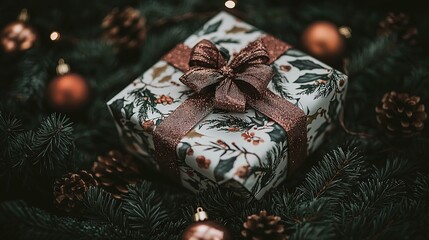 Canvas Print -   A close-up of a gift under Christmas tree wrapping