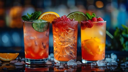 Poster - Three colorful cocktails with ice and fruit garnish on a table