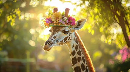 Canvas Print -   Giraffe with flower crown in close-up, trees in background