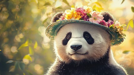 Wall Mural -  A surprised panda in a floral hat turns to face the camera