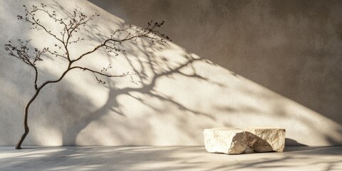 Aufkleber - Abstract geometric arrangement featuring a branch and its shadow on a wall accompanied by a natural stone pedestal 3D rendering suitable for display settings