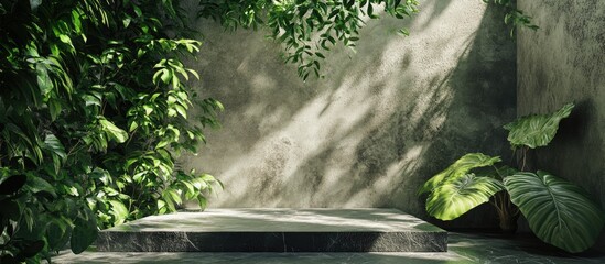 Aufkleber - Green foliage and stone tiles presentation light podium and surfaces 3D visualization
