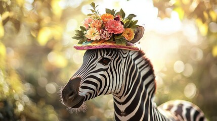 Sticker -   A close-up photo of a zebra wearing a hat on its head and holding flowers in its mouth