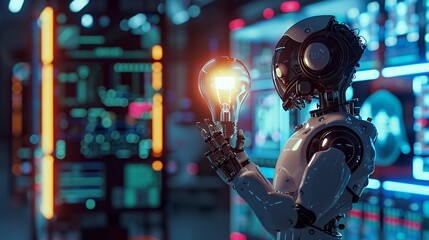 Wall Mural - A futuristic robot holding a glowing light bulb in a high-tech environment.