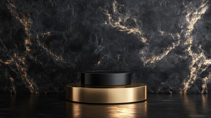 Leinwandbilder - Black background with a gold podium showcasing a geometric cosmetic product 3D rendering