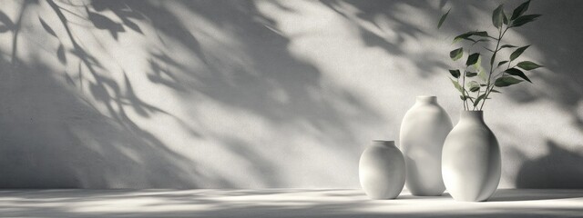 Poster - Monochromatic backdrop featuring vases shadows of trees and natural light 3D render