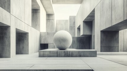 Poster - Abstract interior background featuring a concrete space with a geometric arrangement of cubes and a sphere showcasing minimalistic architecture through 3D rendering