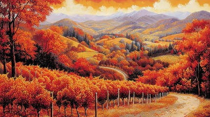 Wall Mural -   A road traverses a forest against an orange-leafed mountain backdrop