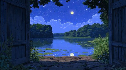 Sticker -   An open door leads to a serene lake under a full moon in a tranquil night sky