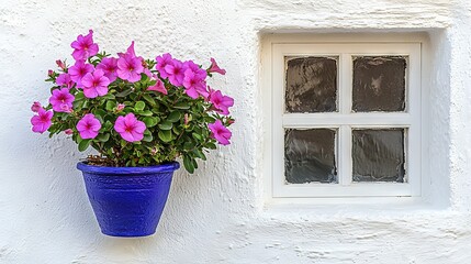 Canvas Print -  A potted plant with pink flowers sits against a white wall and a window